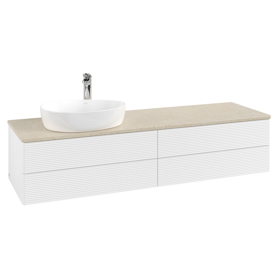 Élément inférieur  Antao
160 x 36 x 50 cm
2&nbsp;éléments de tiroir, 2&nbsp;tiroirs chacune
lavabo à gauche
avec siphon gain de place
avec matériel de fixation
pour 1 lavabo à poser 101037/101039/234171
recouvrement Botticino, 1 trou pour robinet