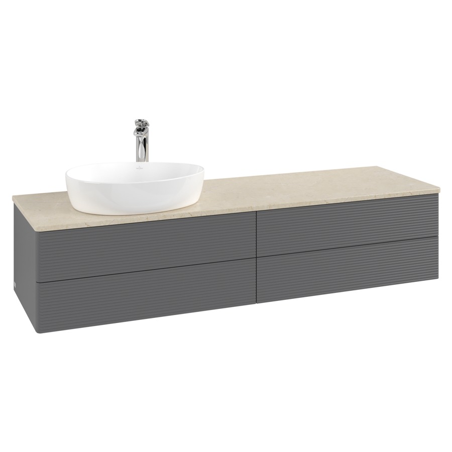 Élément inférieur  Antao
160 x 36 x 50 cm
2&nbsp;éléments de tiroir, 2&nbsp;tiroirs chacune
lavabo à gauche
avec siphon gain de place
avec matériel de fixation
pour 1 lavabo à poser 101037/101039/234171
recouvrement Botticino, 1 trou pour robinet
