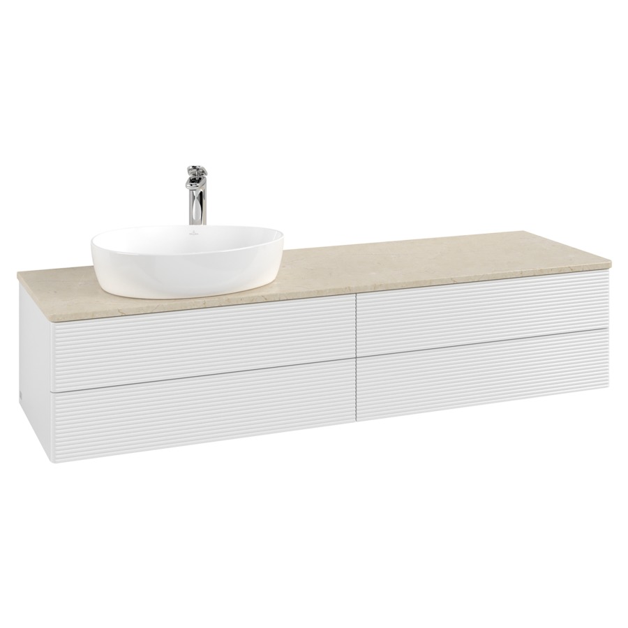 Élément inférieur  Antao
160 x 36 x 50 cm
2&nbsp;éléments de tiroir, 2&nbsp;tiroirs chacune
lavabo à gauche
avec siphon gain de place
avec matériel de fixation
pour 1 lavabo à poser 101037/101039/234171
recouvrement Botticino, 1 trou pour robinet