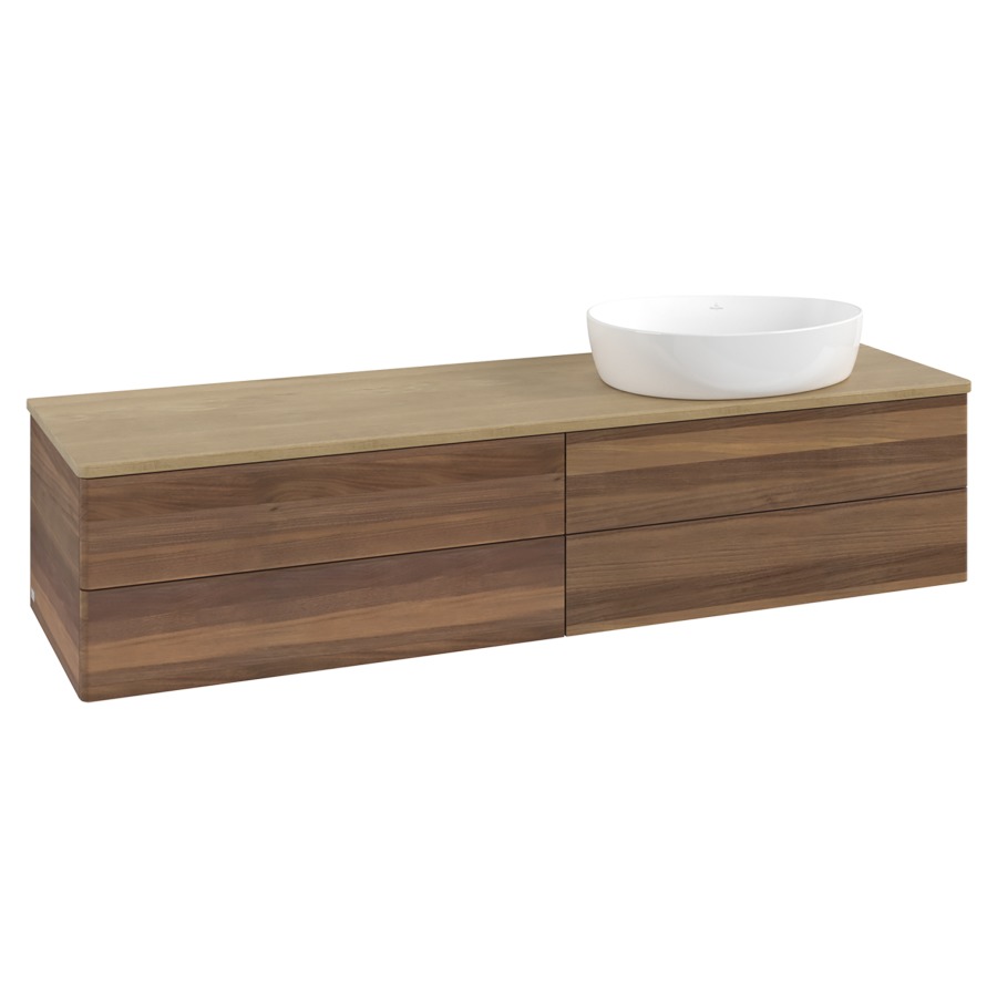 Élément inférieur  Antao
160 x 36 x 50 cm
2&nbsp;éléments de tiroir, 2&nbsp;tiroirs chacune
lavabo à droite
avec siphon gain de place
avec matériel de fixation
pour 1 lavabo à poser 234171/234172/234173
recouvrement Honey Oak
sans trou pour robinet