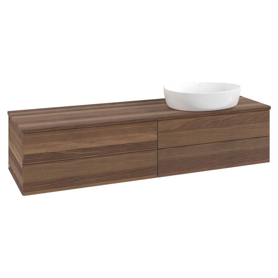 Élément inférieur  Antao
160 x 36 x 50 cm
2&nbsp;éléments de tiroir, 2&nbsp;tiroirs chacune
lavabo à droite
avec siphon gain de place
avec matériel de fixation
pour 1 lavabo à poser 234171/234172/234173
recouvrement Warm Walnut
sans trou pour robinet
