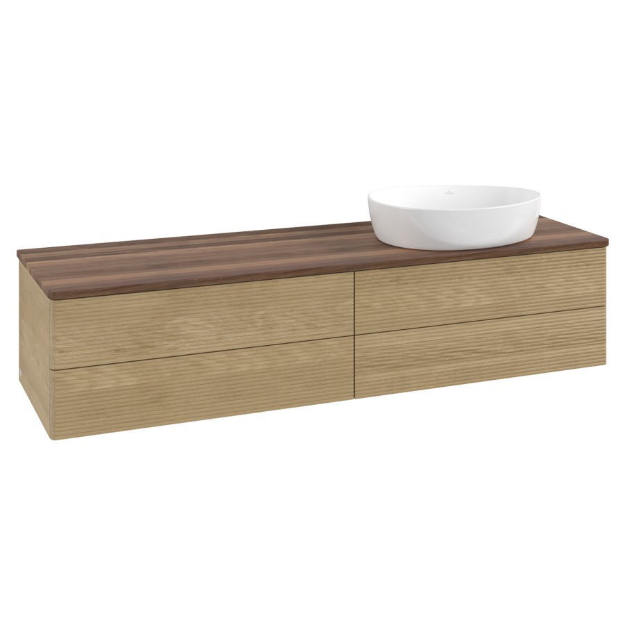 Élément inférieur  Antao
160 x 36 x 50 cm
2&nbsp;éléments de tiroir, 2&nbsp;tiroirs chacune
lavabo à droite
avec siphon gain de place
avec matériel de fixation
pour 1 lavabo à poser 234171/234172/234173
recouvrement Warm Walnut
sans trou pour robinet