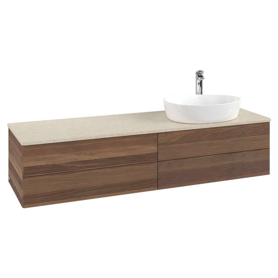 Élément inférieur  Antao
160 x 36 x 50 cm
2&nbsp;éléments de tiroir, 2&nbsp;tiroirs chacune
lavabo à droite
avec siphon gain de place
avec matériel de fixation
pour 1 lavabo à poser 101037/101039/234171
recouvrement Botticino, 1 trou pour robinet