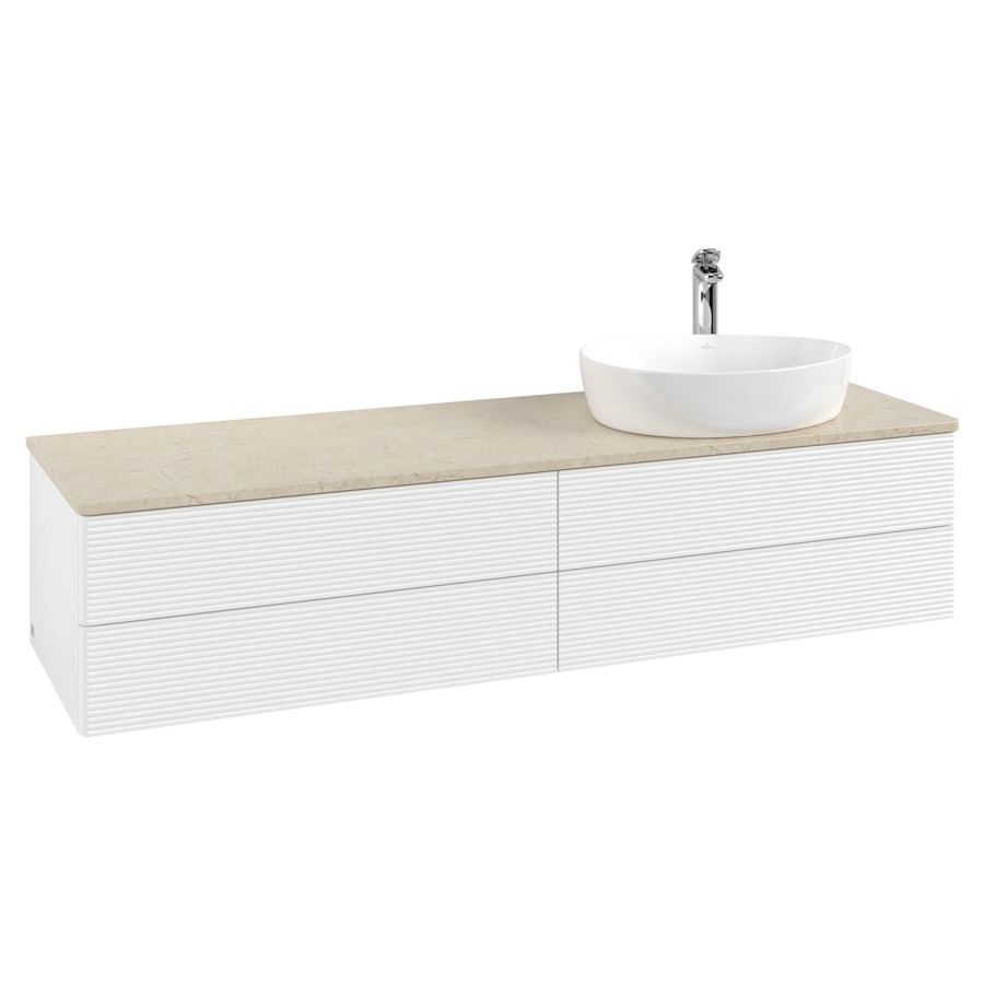 Élément inférieur  Antao
160 x 36 x 50 cm
2&nbsp;éléments de tiroir, 2&nbsp;tiroirs chacune
lavabo à droite
avec siphon gain de place
avec matériel de fixation
pour 1 lavabo à poser 101037/101039/234171
recouvrement Botticino, 1 trou pour robinet