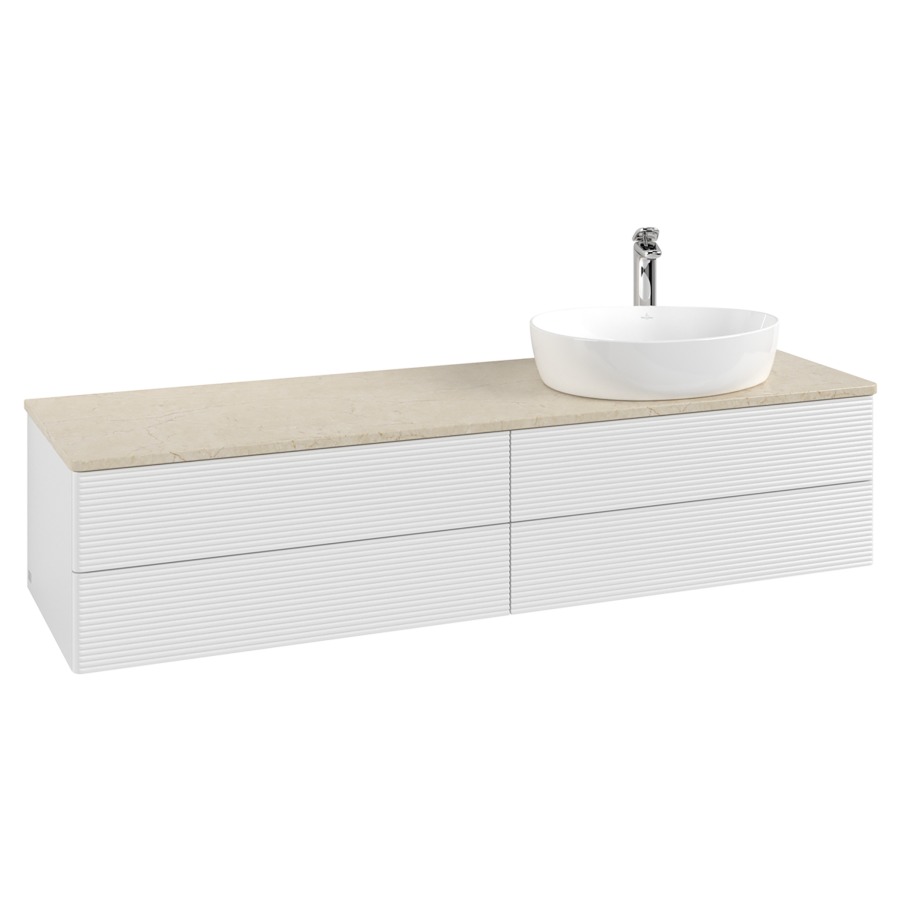 Élément inférieur  Antao
160 x 36 x 50 cm
2&nbsp;éléments de tiroir, 2&nbsp;tiroirs chacune
lavabo à droite
avec siphon gain de place
avec matériel de fixation
pour 1 lavabo à poser 101037/101039/234171
recouvrement Botticino, 1 trou pour robinet