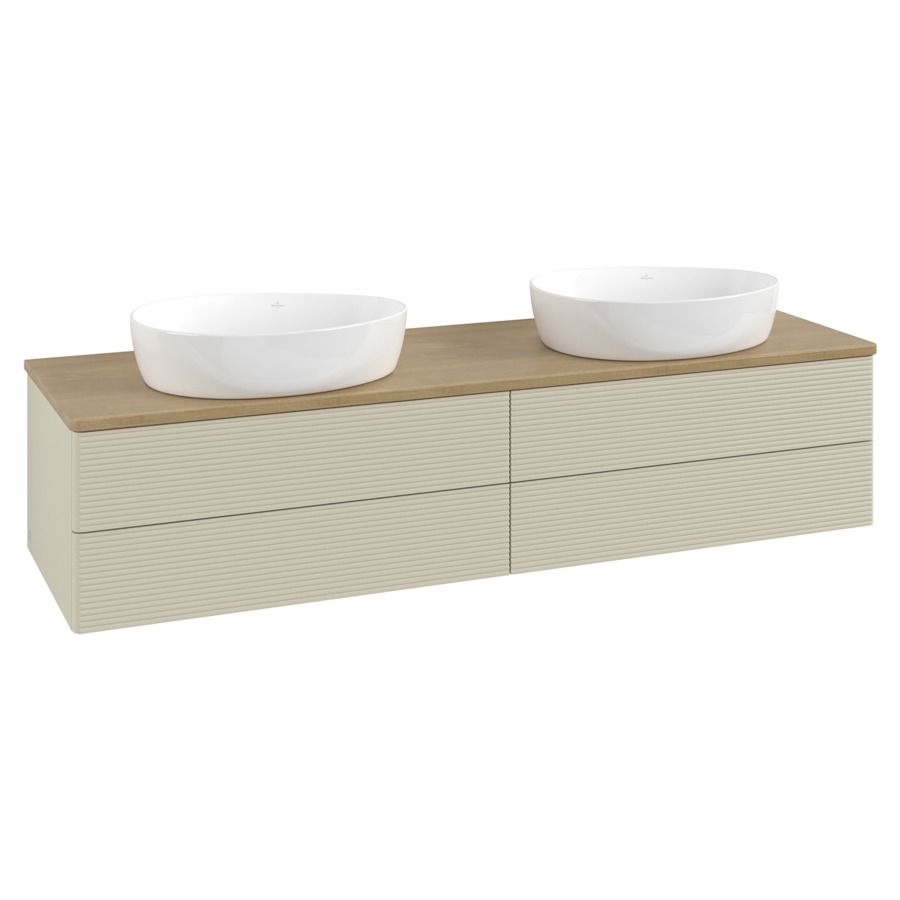 Élément inférieur  Antao
160 x 36 x 50 cm
2&nbsp;éléments de tiroir, 2&nbsp;tiroirs chacune
avec siphon gain de place
avec matériel de fixation
pour 2 lavabos à poser 234171/234172/234173
recouvrement Honey Oak
sans trou pour robinet