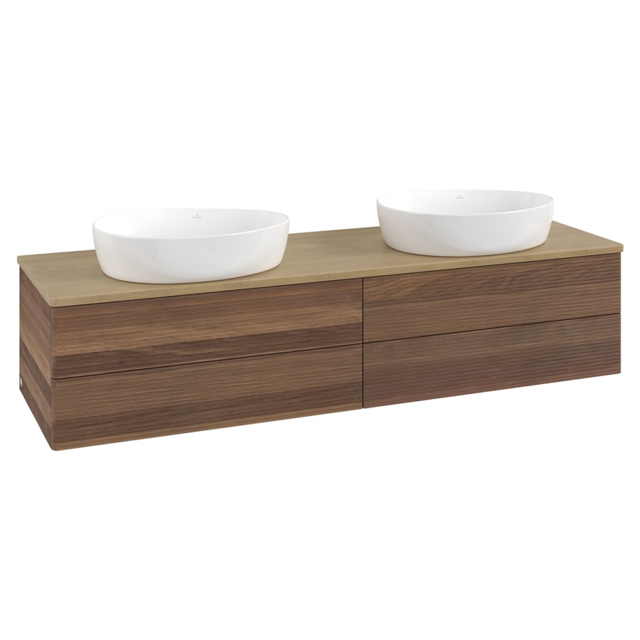 Élément inférieur  Antao
160 x 36 x 50 cm
2&nbsp;éléments de tiroir, 2&nbsp;tiroirs chacune
avec siphon gain de place
avec matériel de fixation
pour 2 lavabos à poser 234171/234172/234173
recouvrement Honey Oak
sans trou pour robinet