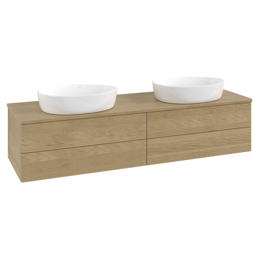 Élément inférieur  Antao
160 x 36 x 50 cm
2&nbsp;éléments de tiroir, 2&nbsp;tiroirs chacune
avec siphon gain de place
avec matériel de fixation
pour 2 lavabos à poser 234171/234172/234173
recouvrement Honey Oak
sans trou pour robinet