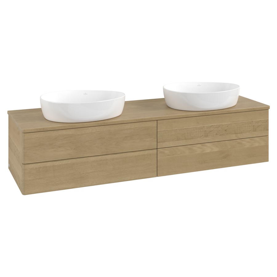 Élément inférieur  Antao
160 x 36 x 50 cm
2&nbsp;éléments de tiroir, 2&nbsp;tiroirs chacune
avec siphon gain de place
avec matériel de fixation
pour 2 lavabos à poser 234171/234172/234173
recouvrement Honey Oak
sans trou pour robinet