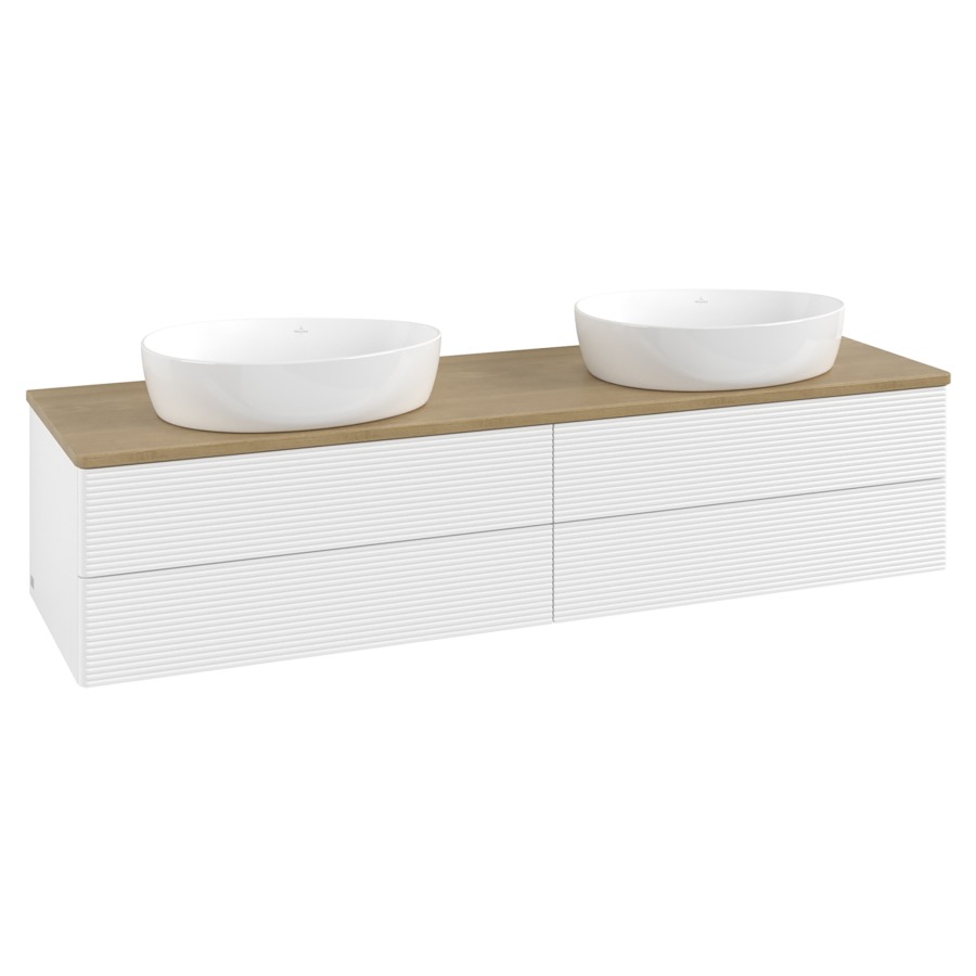 Élément inférieur  Antao
160 x 36 x 50 cm
2&nbsp;éléments de tiroir, 2&nbsp;tiroirs chacune
avec siphon gain de place
avec matériel de fixation
pour 2 lavabos à poser 234171/234172/234173
recouvrement Honey Oak
sans trou pour robinet
