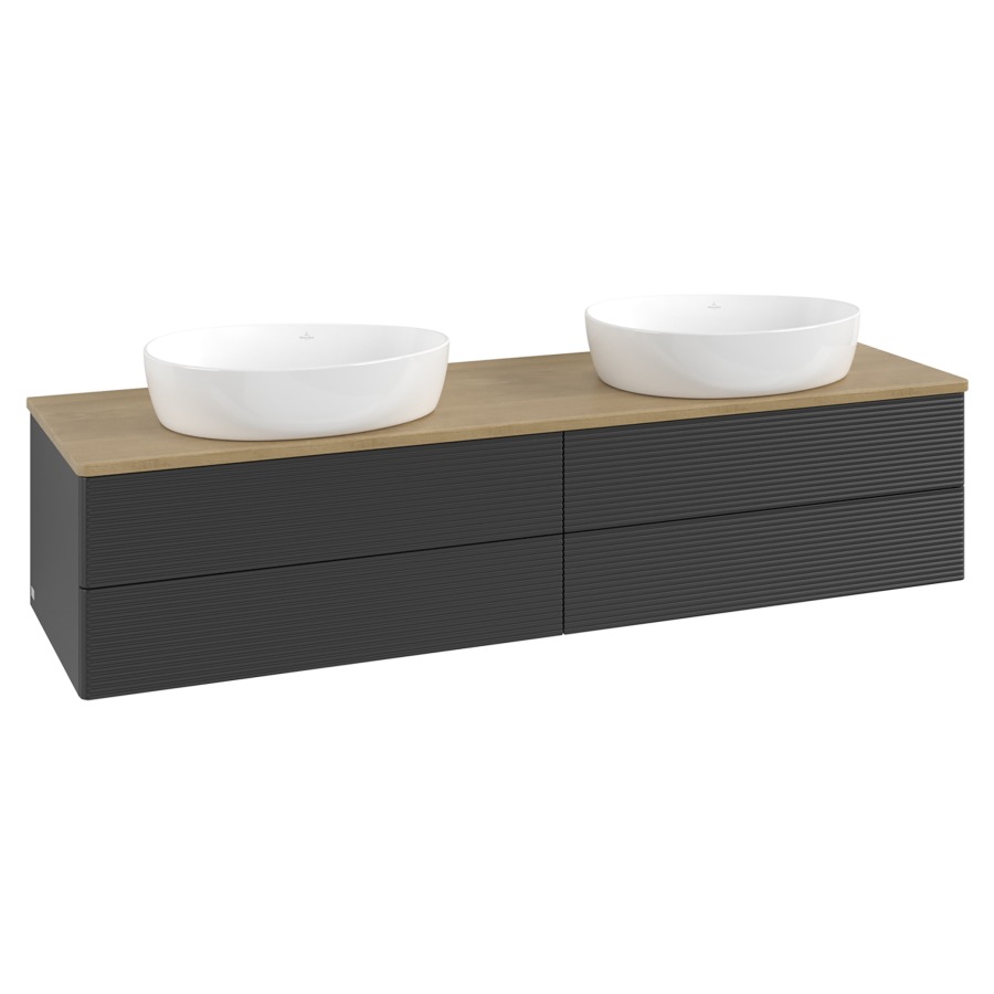 Élément inférieur  Antao
160 x 36 x 50 cm
2&nbsp;éléments de tiroir, 2&nbsp;tiroirs chacune
avec siphon gain de place
avec matériel de fixation
pour 2 lavabos à poser 234171/234172/234173
recouvrement Honey Oak
sans trou pour robinet
