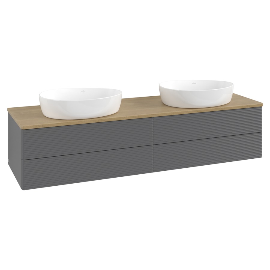 Élément inférieur  Antao
160 x 36 x 50 cm
2&nbsp;éléments de tiroir, 2&nbsp;tiroirs chacune
avec siphon gain de place
avec matériel de fixation
pour 2 lavabos à poser 234171/234172/234173
recouvrement Honey Oak
sans trou pour robinet