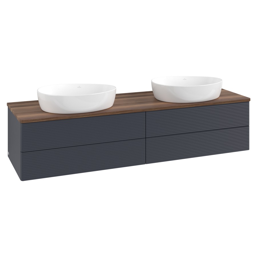 Élément inférieur  Antao
160 x 36 x 50 cm
2&nbsp;éléments de tiroir, 2&nbsp;tiroirs chacune
avec siphon gain de place
avec matériel de fixation
pour 2 lavabos à poser 234171/234172/234173
recouvrement Warm Walnut
sans trou pour robinet