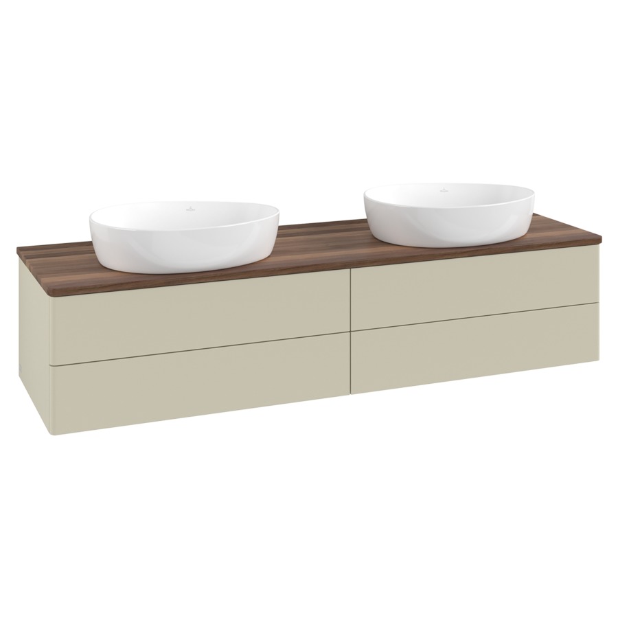 Élément inférieur  Antao
160 x 36 x 50 cm
2&nbsp;éléments de tiroir, 2&nbsp;tiroirs chacune
avec siphon gain de place
avec matériel de fixation
pour 2 lavabos à poser 234171/234172/234173
recouvrement Warm Walnut
sans trou pour robinet