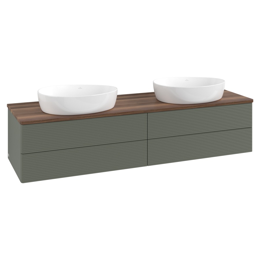 Élément inférieur  Antao
160 x 36 x 50 cm
2&nbsp;éléments de tiroir, 2&nbsp;tiroirs chacune
avec siphon gain de place
avec matériel de fixation
pour 2 lavabos à poser 234171/234172/234173
recouvrement Warm Walnut
sans trou pour robinet