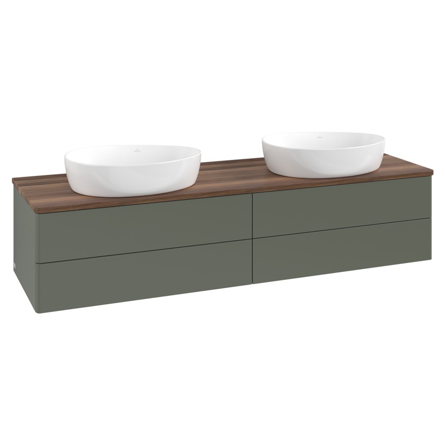 Élément inférieur  Antao
160 x 36 x 50 cm
2&nbsp;éléments de tiroir, 2&nbsp;tiroirs chacune
avec siphon gain de place
avec matériel de fixation
pour 2 lavabos à poser 234171/234172/234173
recouvrement Warm Walnut
sans trou pour robinet