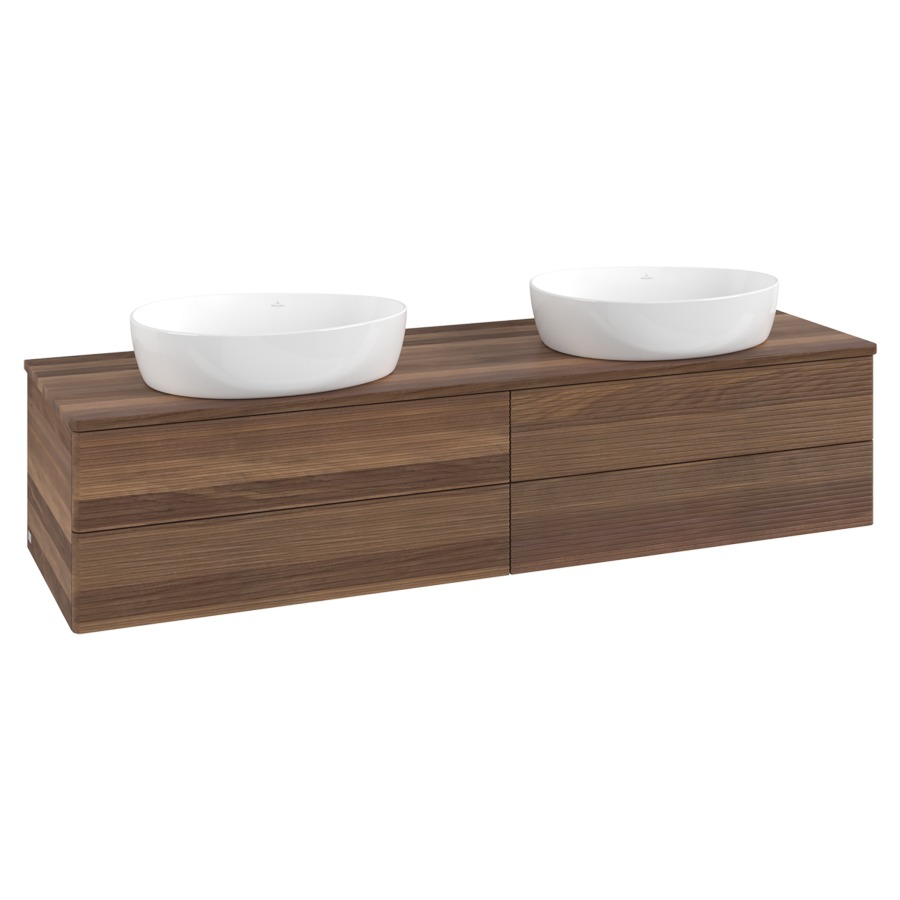 Élément inférieur  Antao
160 x 36 x 50 cm
2&nbsp;éléments de tiroir, 2&nbsp;tiroirs chacune
avec siphon gain de place
avec matériel de fixation
pour 2 lavabos à poser 234171/234172/234173
recouvrement Warm Walnut
sans trou pour robinet