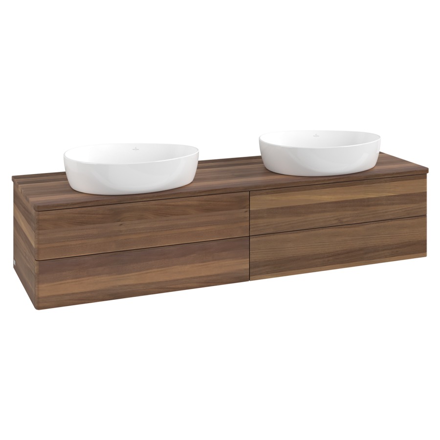 Élément inférieur  Antao
160 x 36 x 50 cm
2&nbsp;éléments de tiroir, 2&nbsp;tiroirs chacune
avec siphon gain de place
avec matériel de fixation
pour 2 lavabos à poser 234171/234172/234173
recouvrement Warm Walnut
sans trou pour robinet