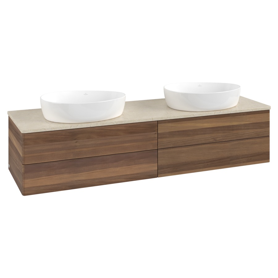 Élément inférieur  Antao
160 x 36 x 50 cm
2&nbsp;éléments de tiroir, 2&nbsp;tiroirs chacune
avec siphon gain de place
avec matériel de fixation
pour 2 lavabos à poser 234171/234172/234173
recouvrement Botticino
sans trou pour robinet