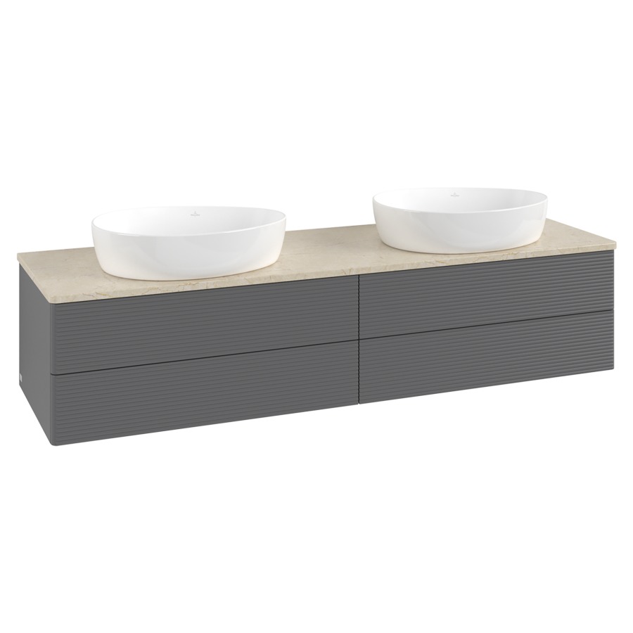 Élément inférieur  Antao
160 x 36 x 50 cm
2&nbsp;éléments de tiroir, 2&nbsp;tiroirs chacune
avec siphon gain de place
avec matériel de fixation
pour 2 lavabos à poser 234171/234172/234173
recouvrement Botticino
sans trou pour robinet