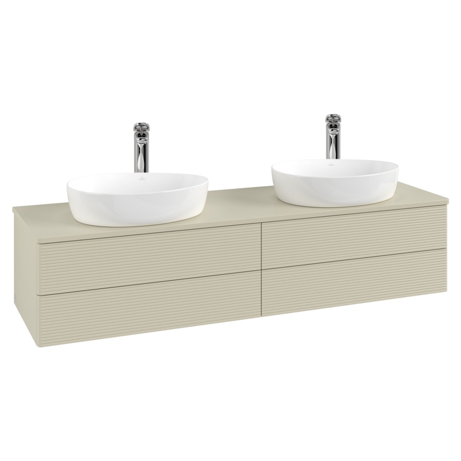 Élément inférieur  Antao
160 x 36 x 50 cm
2&nbsp;éléments de tiroir, 2&nbsp;tiroirs chacune
avec siphon gain de place
avec matériel de fixation
pour 2 lavabos à poser 101037/101039/234171
recouvrement avec trou pour robinet