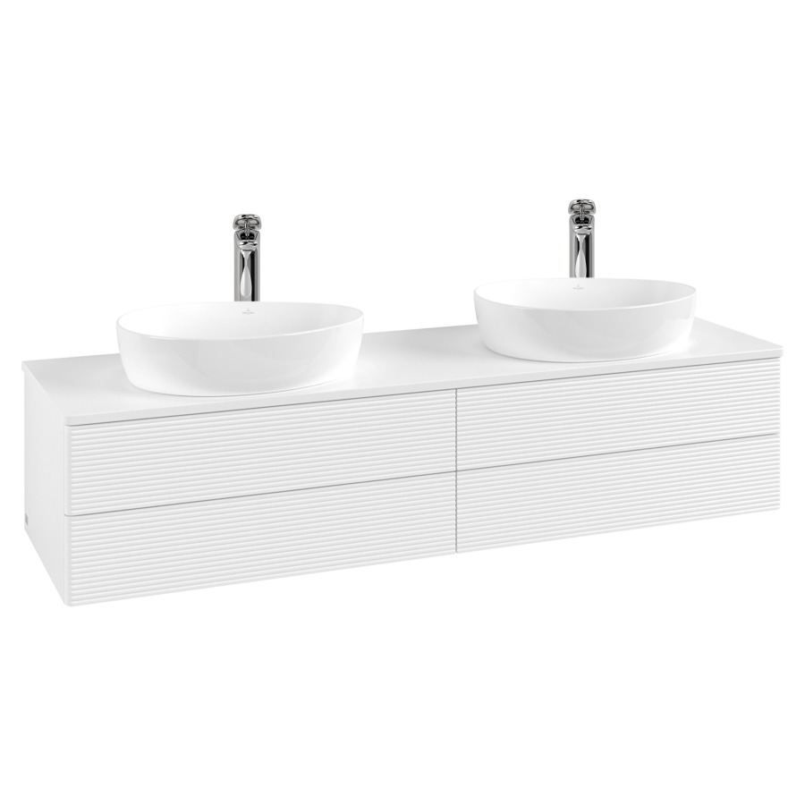 Élément inférieur  Antao
160 x 36 x 50 cm
2&nbsp;éléments de tiroir, 2&nbsp;tiroirs chacune
avec siphon gain de place
avec matériel de fixation
pour 2 lavabos à poser 101037/101039/234171
recouvrement avec trou pour robinet