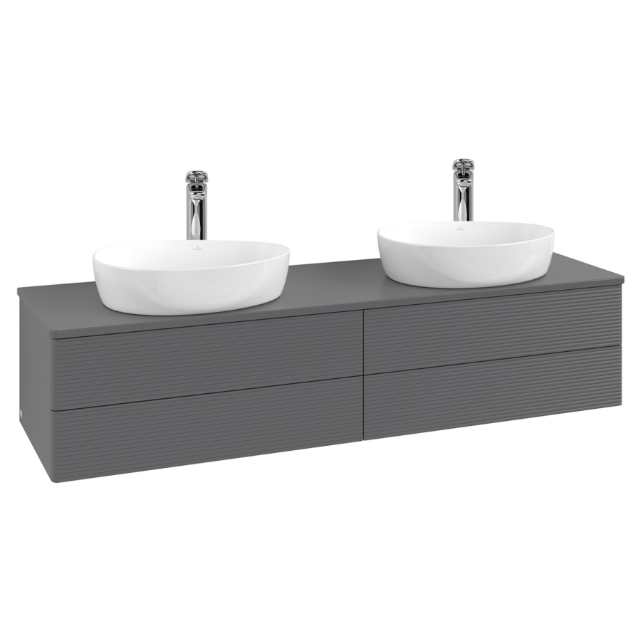 Élément inférieur  Antao
160 x 36 x 50 cm
2&nbsp;éléments de tiroir, 2&nbsp;tiroirs chacune
avec siphon gain de place
avec matériel de fixation
pour 2 lavabos à poser 101037/101039/234171
recouvrement avec trou pour robinet