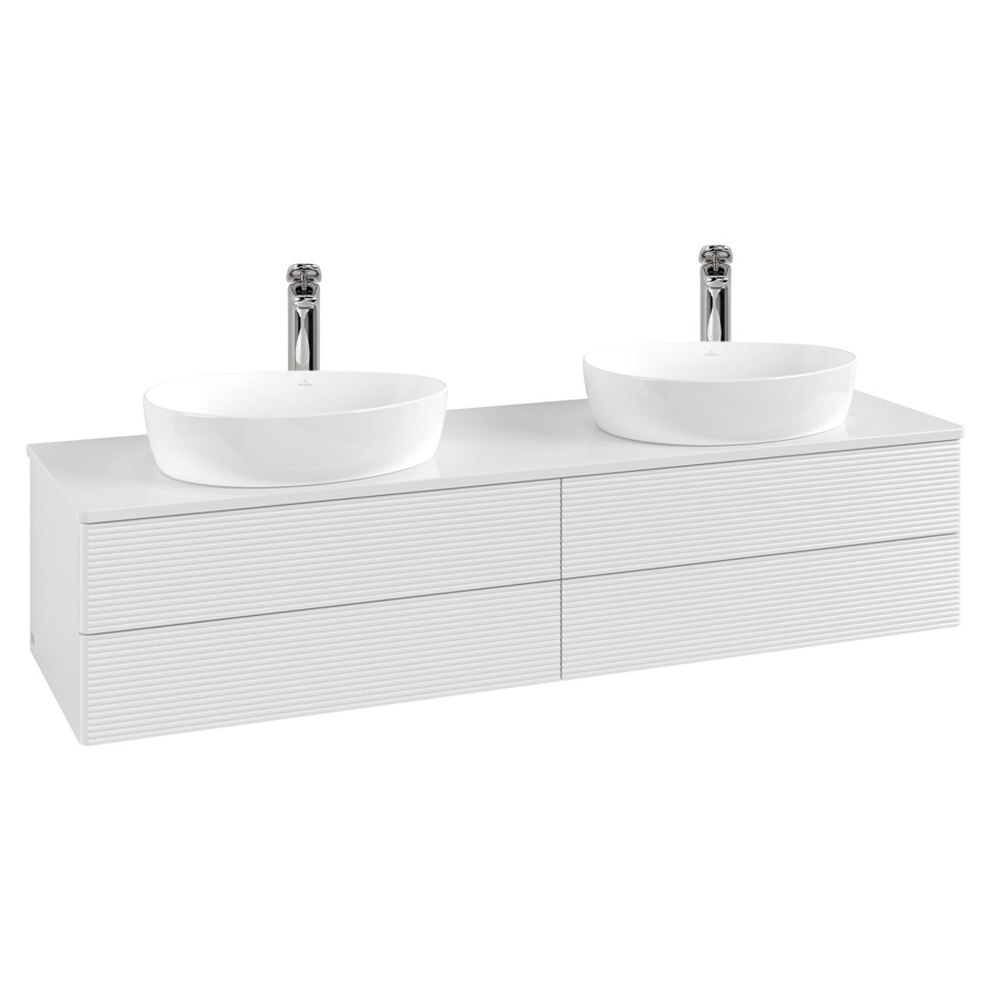 Élément inférieur  Antao
160 x 36 x 50 cm
2&nbsp;éléments de tiroir, 2&nbsp;tiroirs chacune
avec siphon gain de place
avec matériel de fixation
pour 2 lavabos à poser 101037/101039/234171
recouvrement avec trou pour robinet
