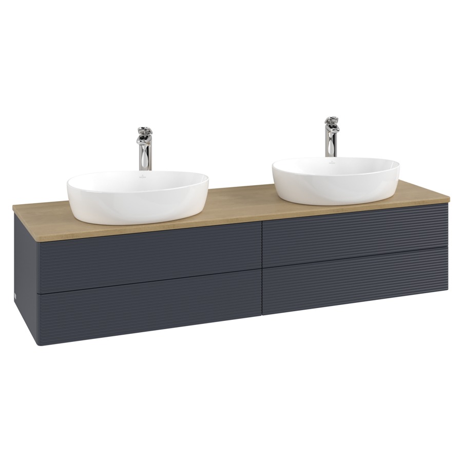 Élément inférieur  Antao
160 x 36 x 50 cm
2&nbsp;éléments de tiroir, 2&nbsp;tiroirs chacune
avec siphon gain de place
avec matériel de fixation
pour 2 lavabos à poser 101037/101039/234171
recouvrement Honey Oak, avec trou pour robinet