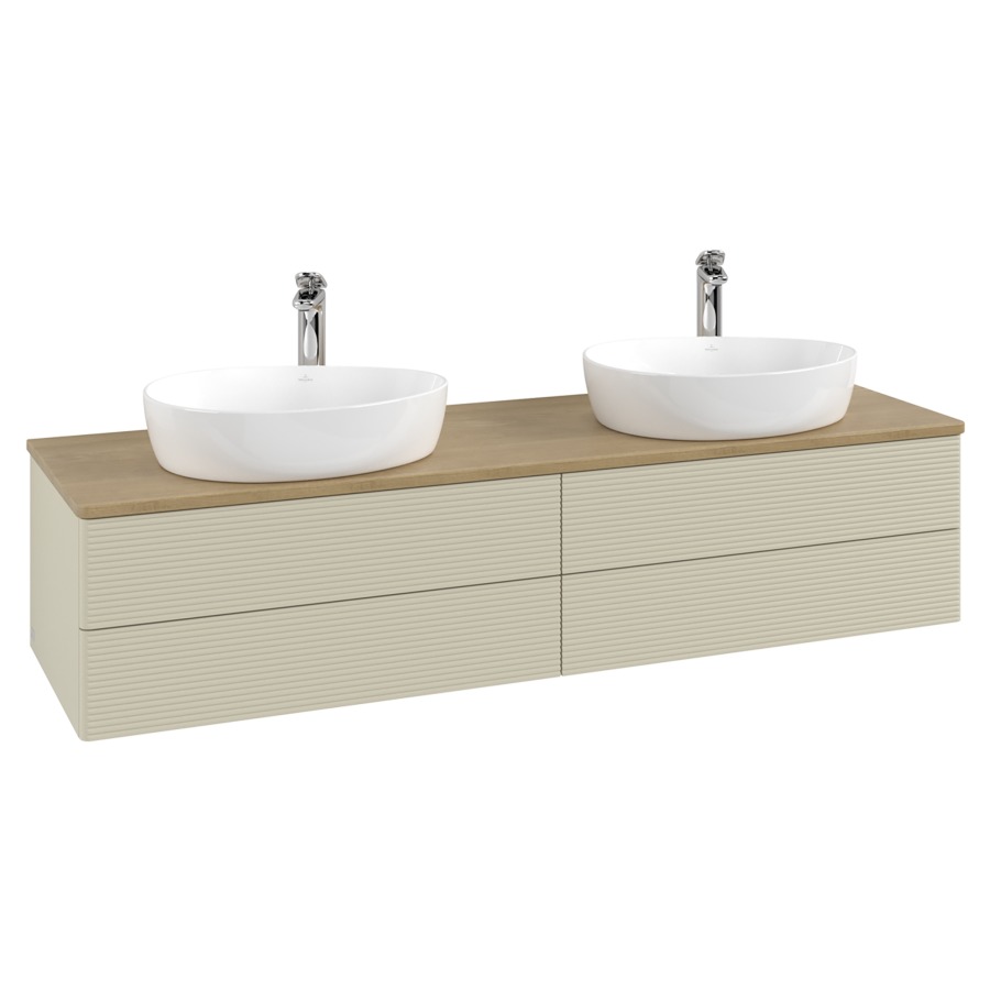 Élément inférieur  Antao
160 x 36 x 50 cm
2&nbsp;éléments de tiroir, 2&nbsp;tiroirs chacune
avec siphon gain de place
avec matériel de fixation
pour 2 lavabos à poser 101037/101039/234171
recouvrement Honey Oak, avec trou pour robinet