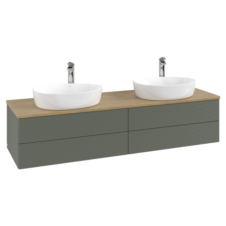 Élément inférieur  Antao
160 x 36 x 50 cm
2&nbsp;éléments de tiroir, 2&nbsp;tiroirs chacune
avec siphon gain de place
avec matériel de fixation
pour 2 lavabos à poser 101037/101039/234171
recouvrement Honey Oak, avec trou pour robinet
