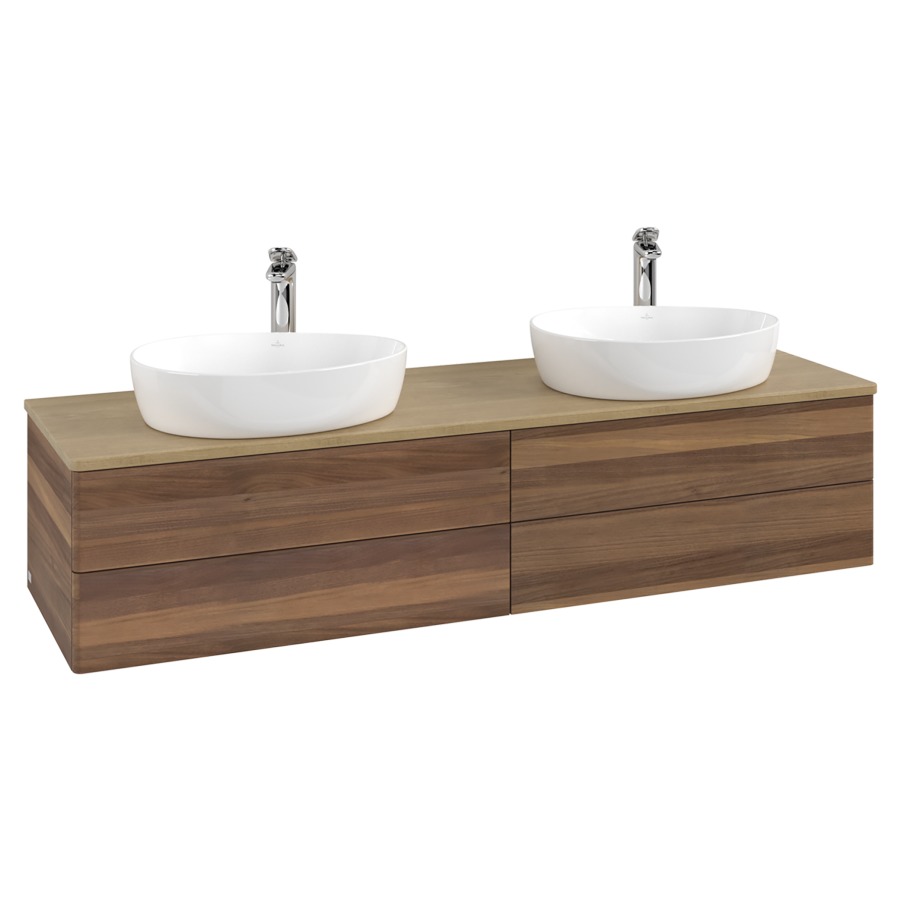 Élément inférieur  Antao
160 x 36 x 50 cm
2&nbsp;éléments de tiroir, 2&nbsp;tiroirs chacune
avec siphon gain de place
avec matériel de fixation
pour 2 lavabos à poser 101037/101039/234171
recouvrement Honey Oak, avec trou pour robinet