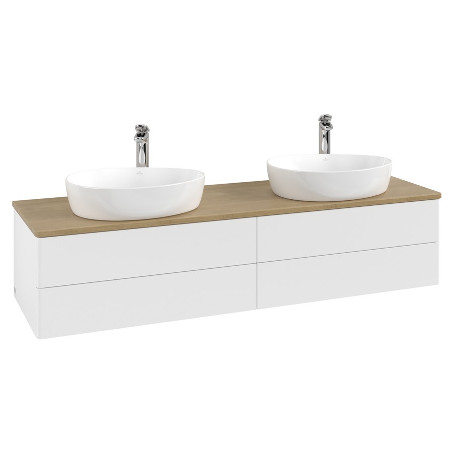 Élément inférieur  Antao
160 x 36 x 50 cm
2&nbsp;éléments de tiroir, 2&nbsp;tiroirs chacune
avec siphon gain de place
avec matériel de fixation
pour 2 lavabos à poser 101037/101039/234171
recouvrement Honey Oak, avec trou pour robinet