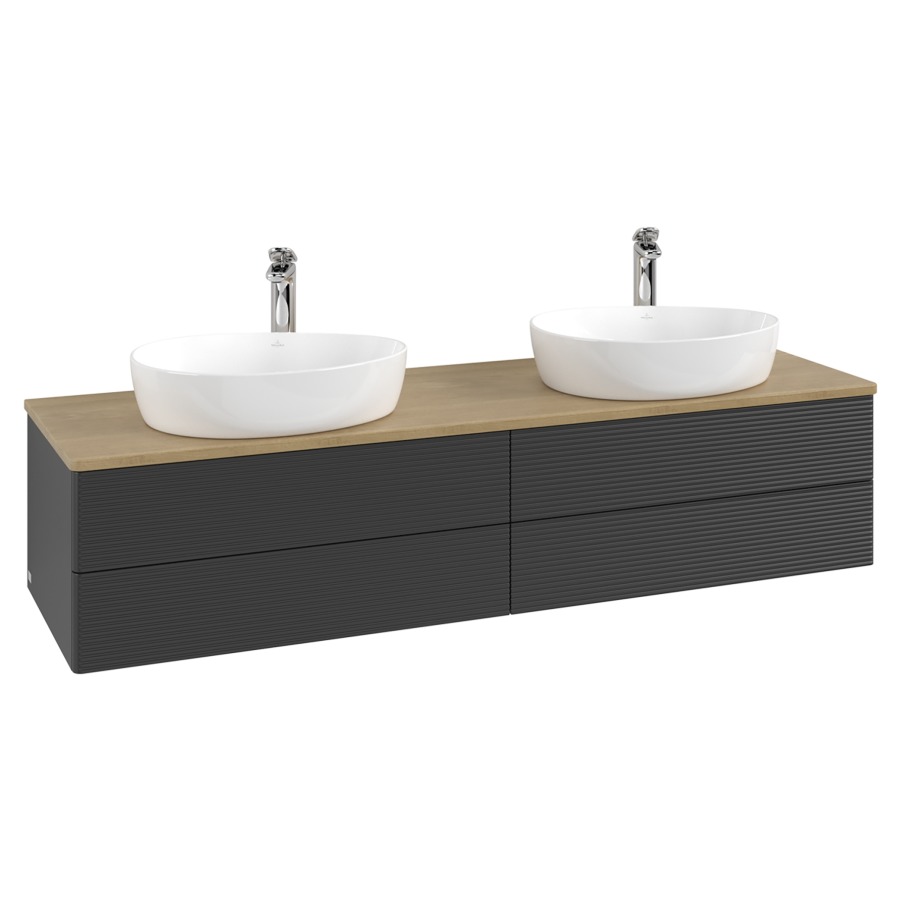 Élément inférieur  Antao
160 x 36 x 50 cm
2&nbsp;éléments de tiroir, 2&nbsp;tiroirs chacune
avec siphon gain de place
avec matériel de fixation
pour 2 lavabos à poser 101037/101039/234171
recouvrement Honey Oak, avec trou pour robinet