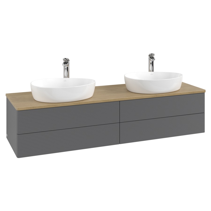 Élément inférieur  Antao
160 x 36 x 50 cm
2&nbsp;éléments de tiroir, 2&nbsp;tiroirs chacune
avec siphon gain de place
avec matériel de fixation
pour 2 lavabos à poser 101037/101039/234171
recouvrement Honey Oak, avec trou pour robinet