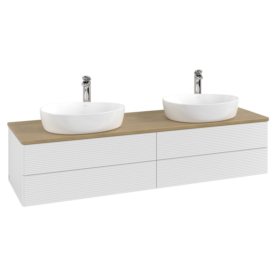 Élément inférieur  Antao
160 x 36 x 50 cm
2&nbsp;éléments de tiroir, 2&nbsp;tiroirs chacune
avec siphon gain de place
avec matériel de fixation
pour 2 lavabos à poser 101037/101039/234171
recouvrement Honey Oak, avec trou pour robinet