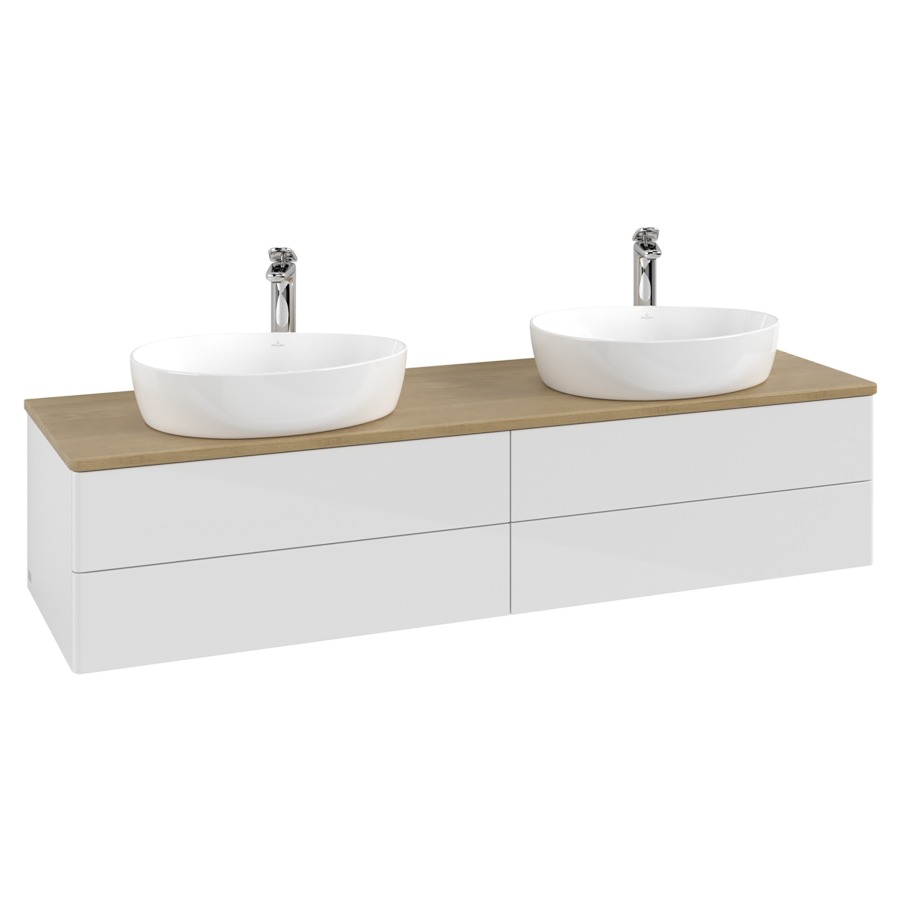 Élément inférieur  Antao
160 x 36 x 50 cm
2&nbsp;éléments de tiroir, 2&nbsp;tiroirs chacune
avec siphon gain de place
avec matériel de fixation
pour 2 lavabos à poser 101037/101039/234171
recouvrement Honey Oak, avec trou pour robinet