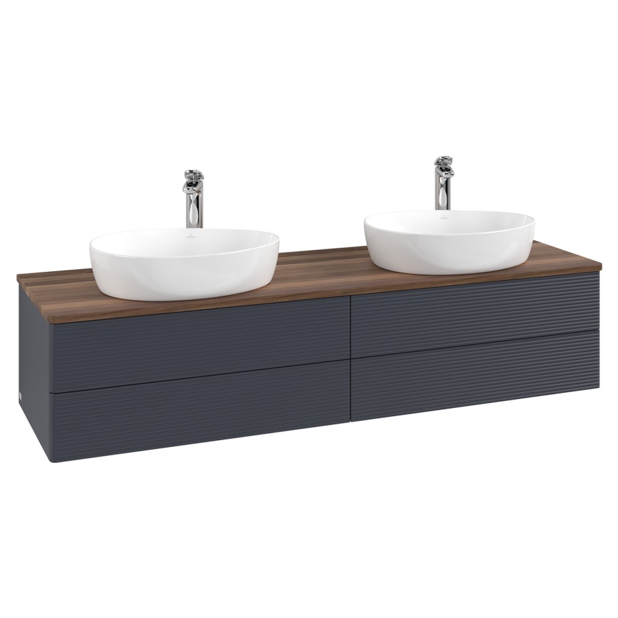 Élément inférieur  Antao
160 x 36 x 50 cm
2&nbsp;éléments de tiroir, 2&nbsp;tiroirs chacune
avec siphon gain de place
avec matériel de fixation
pour 2 lavabos à poser 101037/101039/234171
recouvrement Warm Walnut, avec trou pour robinet