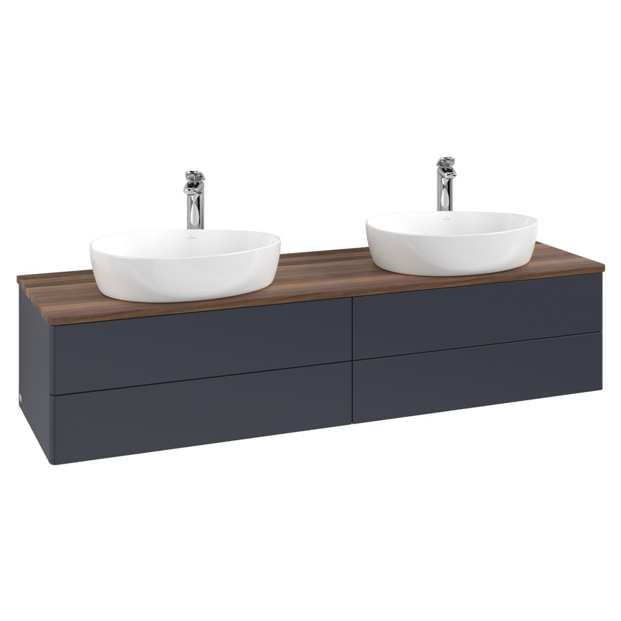 Élément inférieur  Antao
160 x 36 x 50 cm
2&nbsp;éléments de tiroir, 2&nbsp;tiroirs chacune
avec siphon gain de place
avec matériel de fixation
pour 2 lavabos à poser 101037/101039/234171
recouvrement Warm Walnut, avec trou pour robinet