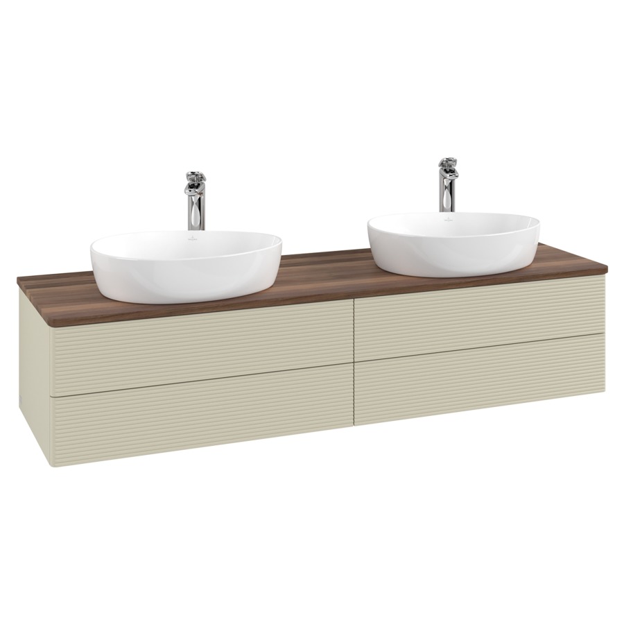 Élément inférieur  Antao
160 x 36 x 50 cm
2&nbsp;éléments de tiroir, 2&nbsp;tiroirs chacune
avec siphon gain de place
avec matériel de fixation
pour 2 lavabos à poser 101037/101039/234171
recouvrement Warm Walnut, avec trou pour robinet