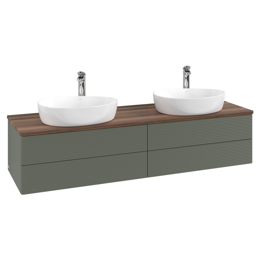Élément inférieur  Antao
160 x 36 x 50 cm
2&nbsp;éléments de tiroir, 2&nbsp;tiroirs chacune
avec siphon gain de place
avec matériel de fixation
pour 2 lavabos à poser 101037/101039/234171
recouvrement Warm Walnut, avec trou pour robinet