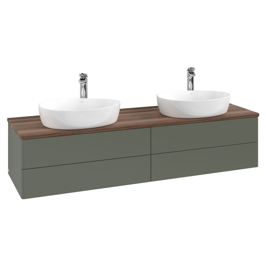 Élément inférieur  Antao
160 x 36 x 50 cm
2&nbsp;éléments de tiroir, 2&nbsp;tiroirs chacune
avec siphon gain de place
avec matériel de fixation
pour 2 lavabos à poser 101037/101039/234171
recouvrement Warm Walnut, avec trou pour robinet