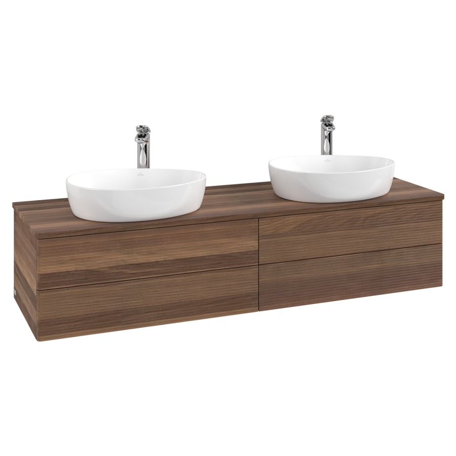 Élément inférieur  Antao
160 x 36 x 50 cm
2&nbsp;éléments de tiroir, 2&nbsp;tiroirs chacune
avec siphon gain de place
avec matériel de fixation
pour 2 lavabos à poser 101037/101039/234171
recouvrement Warm Walnut, avec trou pour robinet