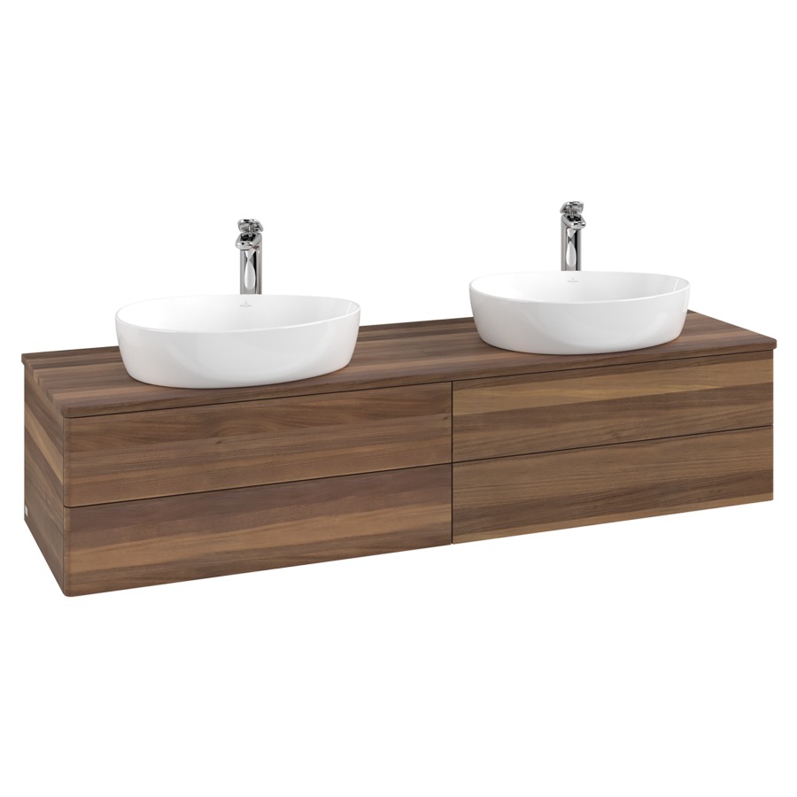 Élément inférieur  Antao
160 x 36 x 50 cm
2&nbsp;éléments de tiroir, 2&nbsp;tiroirs chacune
avec siphon gain de place
avec matériel de fixation
pour 2 lavabos à poser 101037/101039/234171
recouvrement Warm Walnut, avec trou pour robinet
