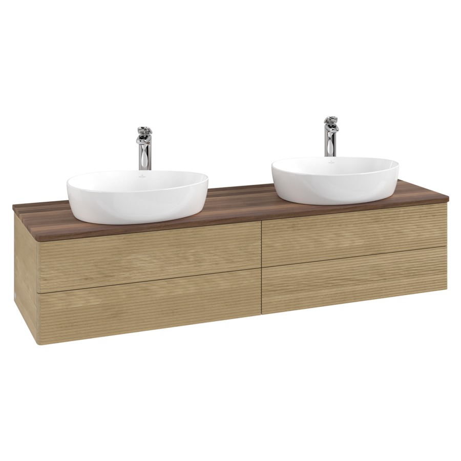 Élément inférieur  Antao
160 x 36 x 50 cm
2&nbsp;éléments de tiroir, 2&nbsp;tiroirs chacune
avec siphon gain de place
avec matériel de fixation
pour 2 lavabos à poser 101037/101039/234171
recouvrement Warm Walnut, avec trou pour robinet