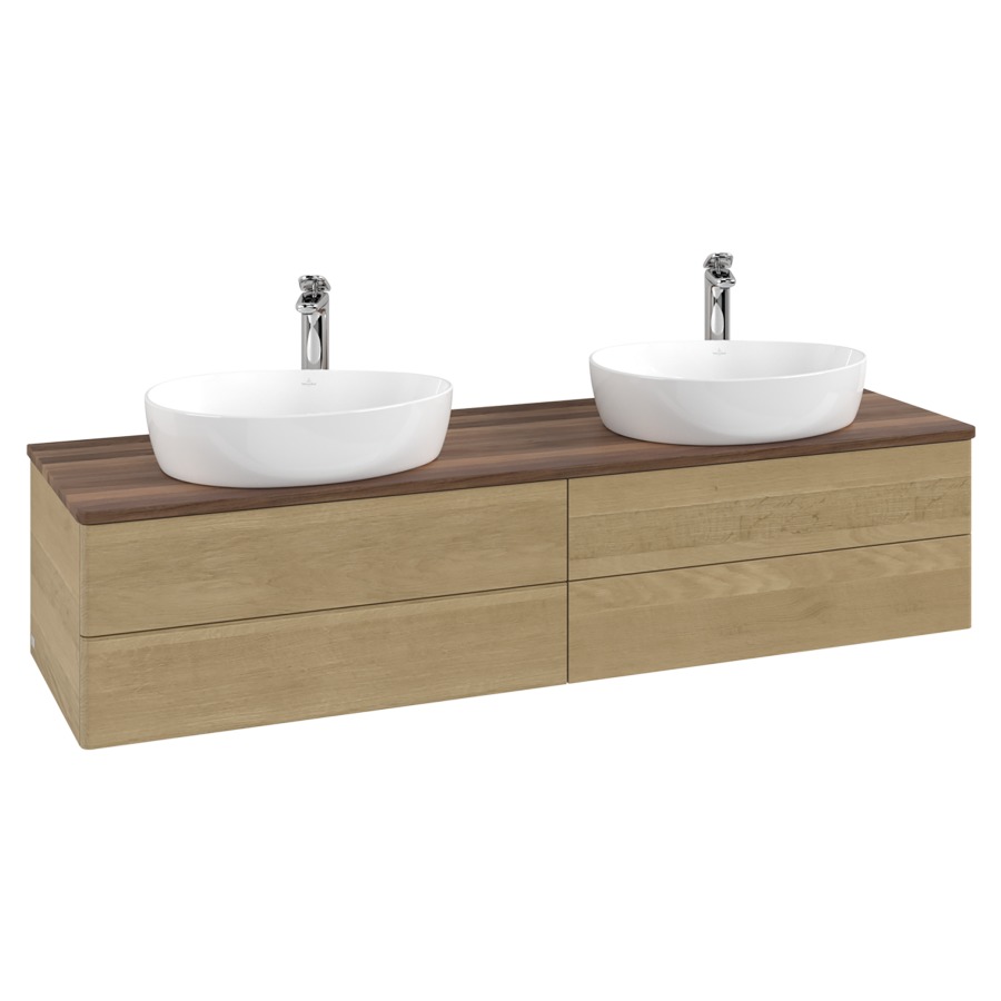 Élément inférieur  Antao
160 x 36 x 50 cm
2&nbsp;éléments de tiroir, 2&nbsp;tiroirs chacune
avec siphon gain de place
avec matériel de fixation
pour 2 lavabos à poser 101037/101039/234171
recouvrement Warm Walnut, avec trou pour robinet