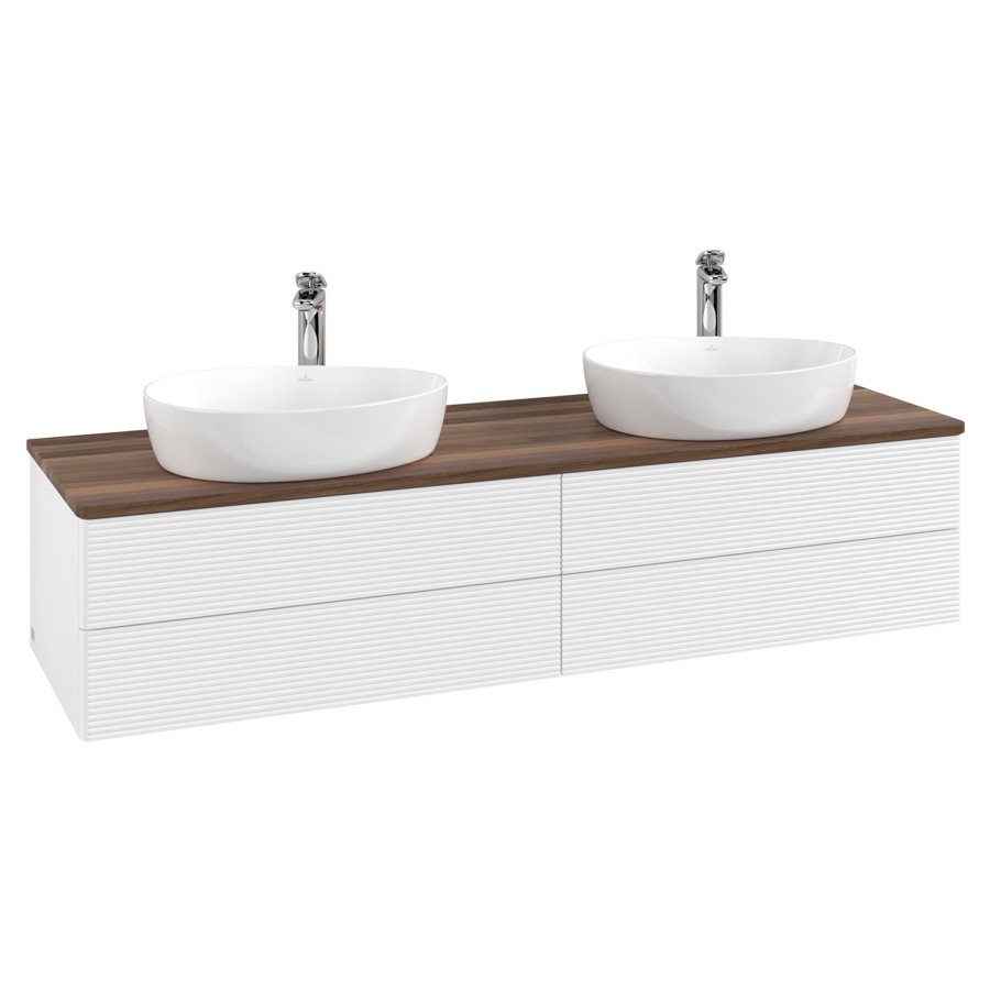 Élément inférieur  Antao
160 x 36 x 50 cm
2&nbsp;éléments de tiroir, 2&nbsp;tiroirs chacune
avec siphon gain de place
avec matériel de fixation
pour 2 lavabos à poser 101037/101039/234171
recouvrement Warm Walnut, avec trou pour robinet