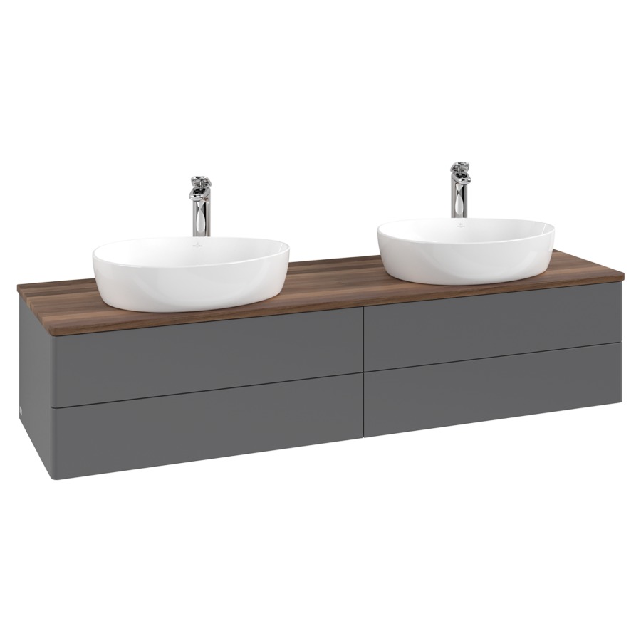 Élément inférieur  Antao
160 x 36 x 50 cm
2&nbsp;éléments de tiroir, 2&nbsp;tiroirs chacune
avec siphon gain de place
avec matériel de fixation
pour 2 lavabos à poser 101037/101039/234171
recouvrement Warm Walnut, avec trou pour robinet