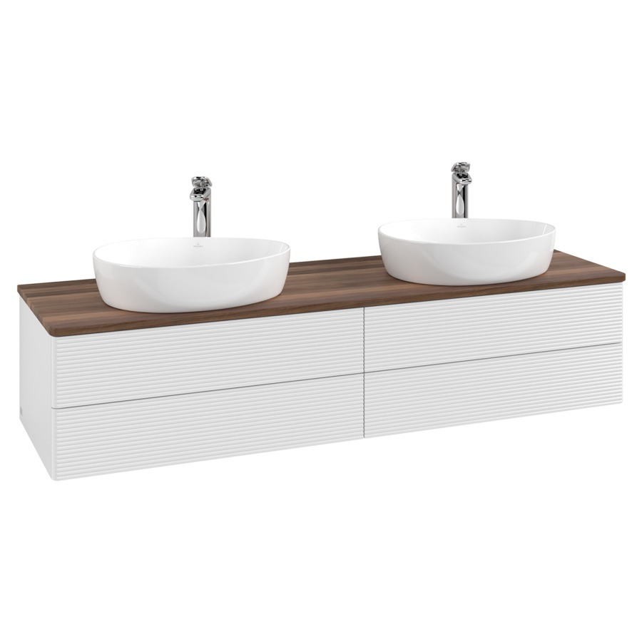 Élément inférieur  Antao
160 x 36 x 50 cm
2&nbsp;éléments de tiroir, 2&nbsp;tiroirs chacune
avec siphon gain de place
avec matériel de fixation
pour 2 lavabos à poser 101037/101039/234171
recouvrement Warm Walnut, avec trou pour robinet