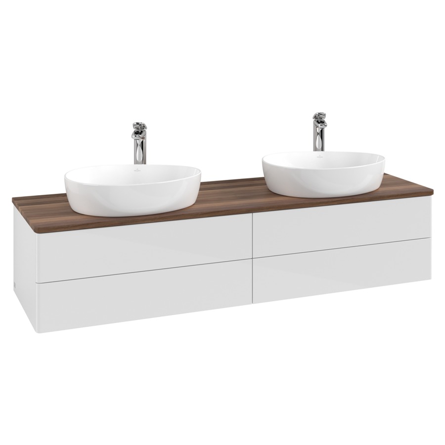 Élément inférieur  Antao
160 x 36 x 50 cm
2&nbsp;éléments de tiroir, 2&nbsp;tiroirs chacune
avec siphon gain de place
avec matériel de fixation
pour 2 lavabos à poser 101037/101039/234171
recouvrement Warm Walnut, avec trou pour robinet